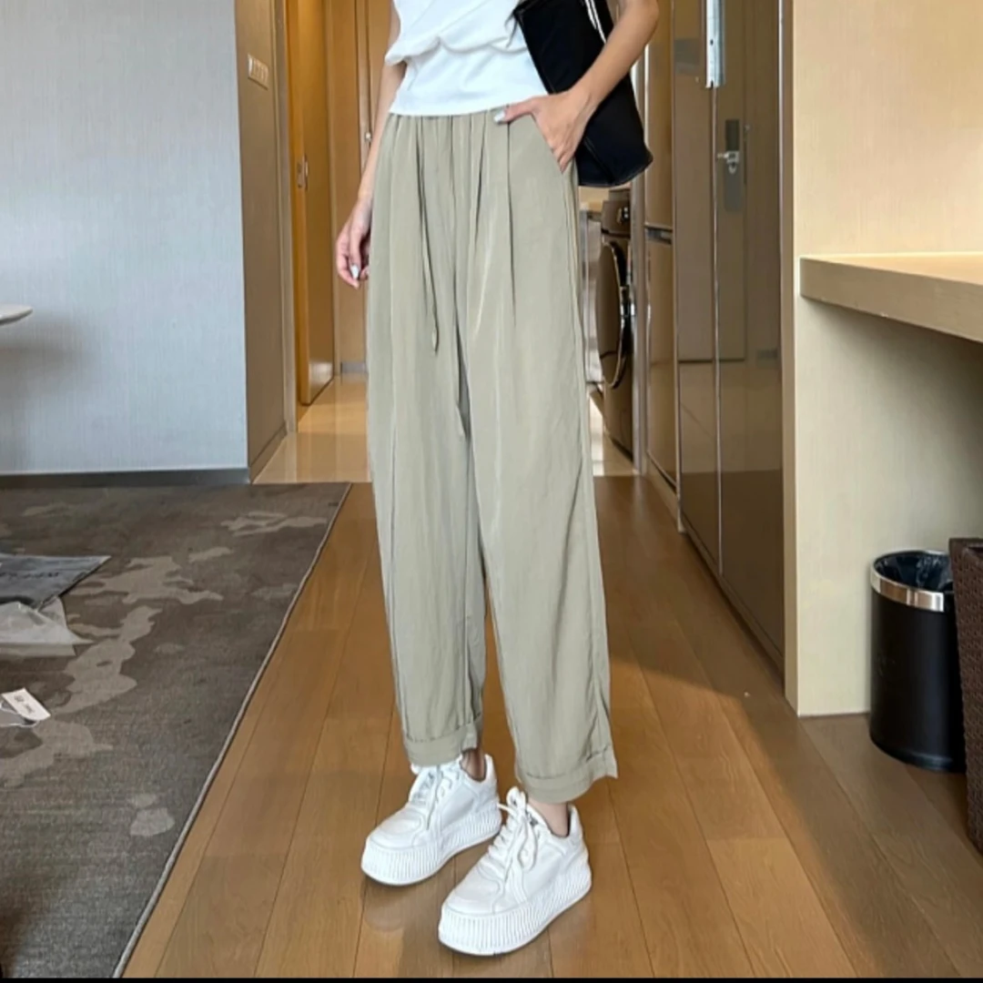 2025夏季直筒裤子百搭九分，宽松垂感高腰哈伦裤外穿阔腿裤九分裤