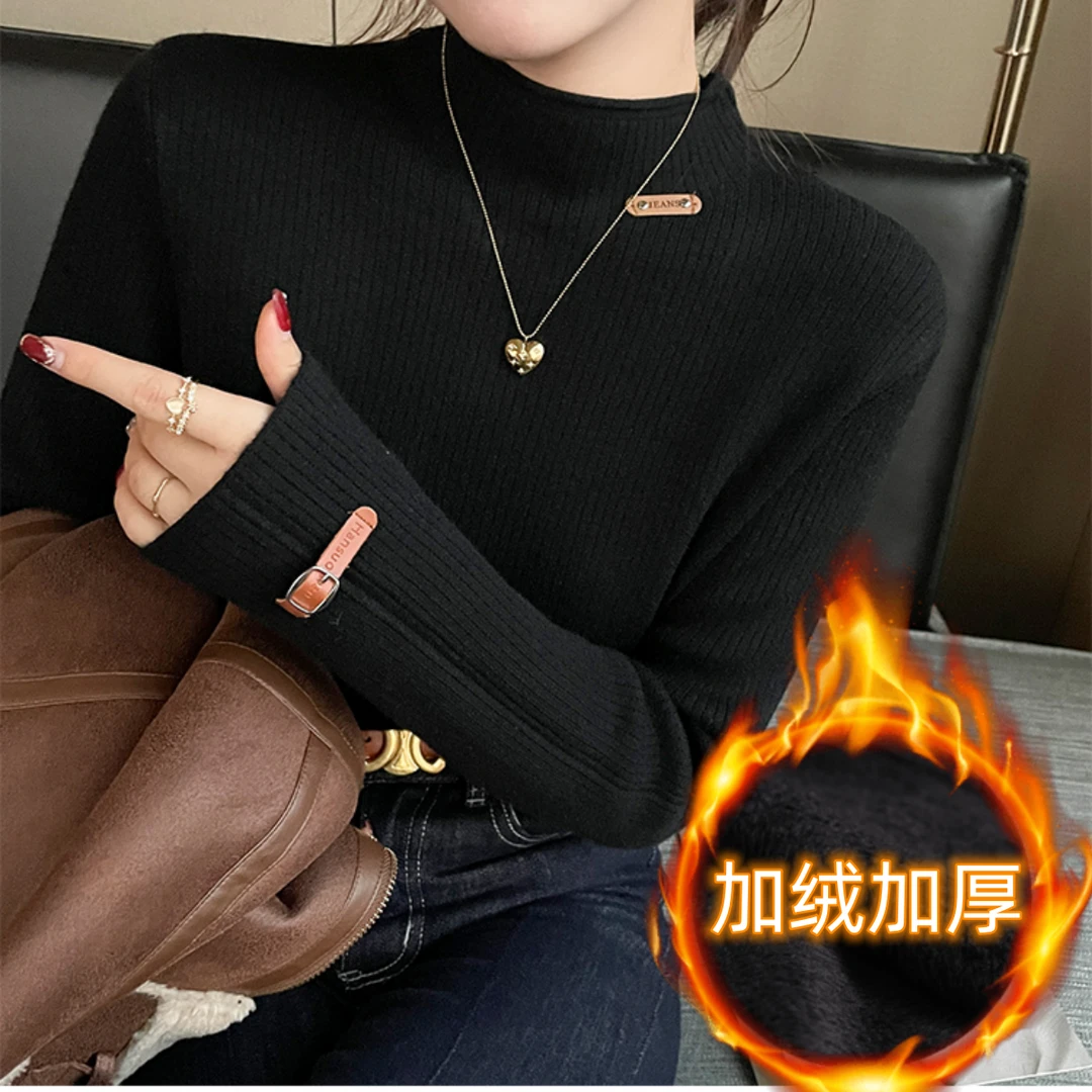2318特大码加绒加厚毛衣半高领打底春一体绒保暖上衣女
