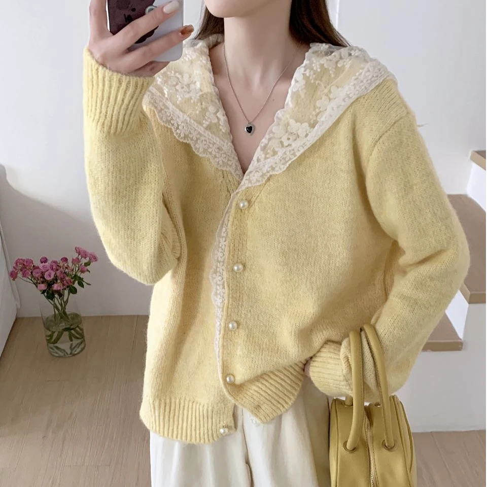 2411大码女装蕾丝连帽拼接针织开衫春洋气减龄百搭毛衣上衣