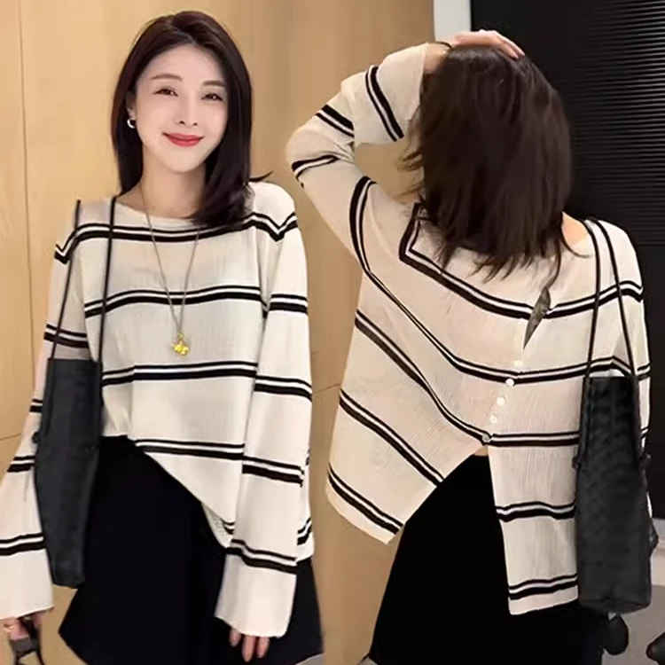 B- MEY大码女装圆领后背开叉长袖针织衫夏季防晒休闲百搭上衣9730