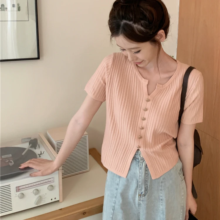 6744大码女装设计感小香风开叉短袖夏季气质显瘦针织衫薄款上衣