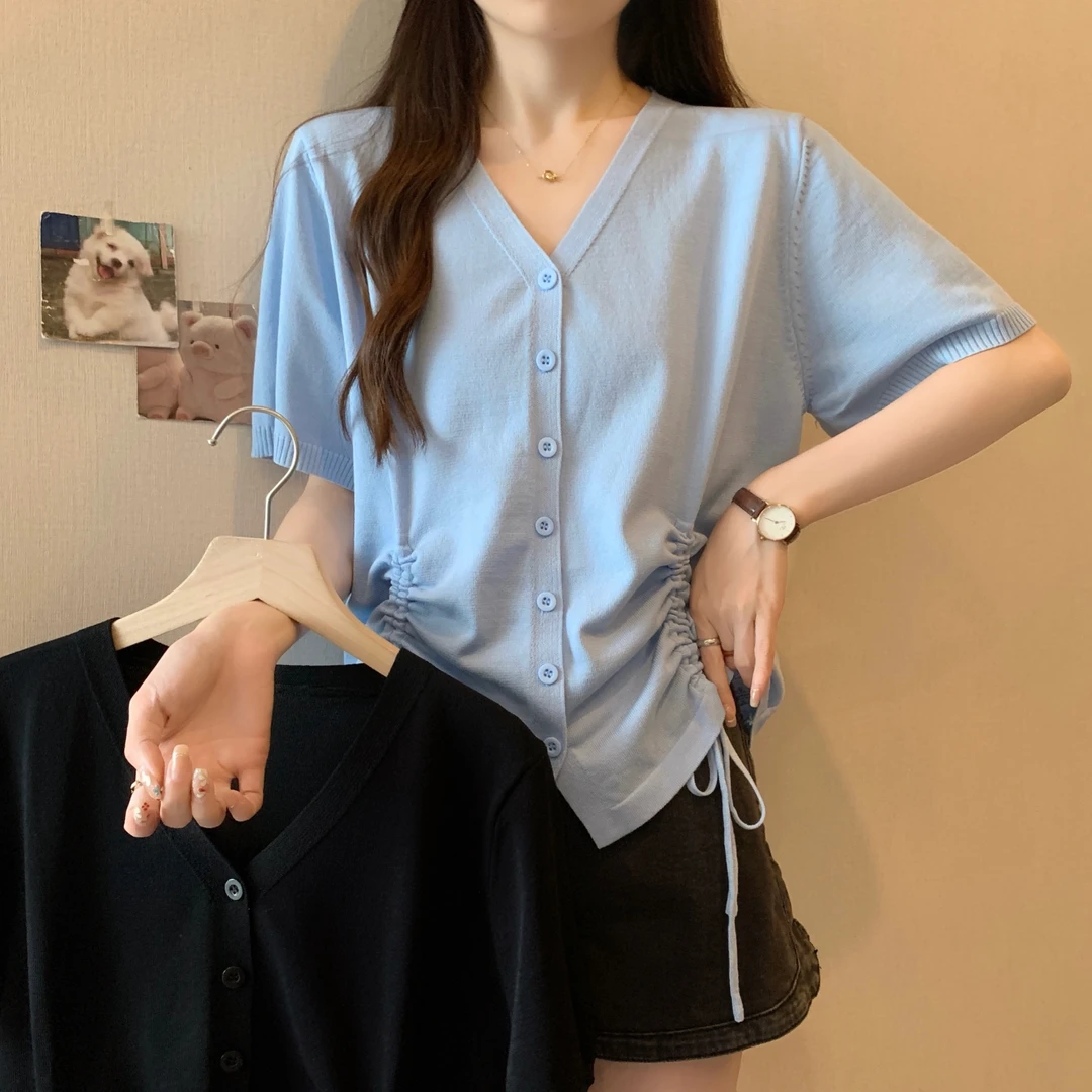 66221大码大码针织开衫夏季针织衫抽绳设计显瘦短袖遮肚上衣