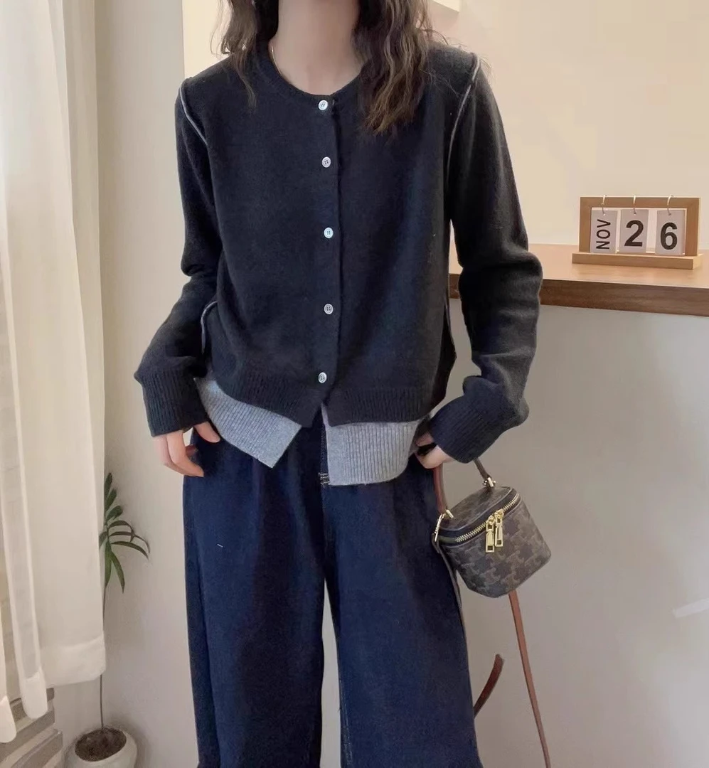 2219大码女装新年款红色假两件设计拼接针织开衫春圆领韩版上衣