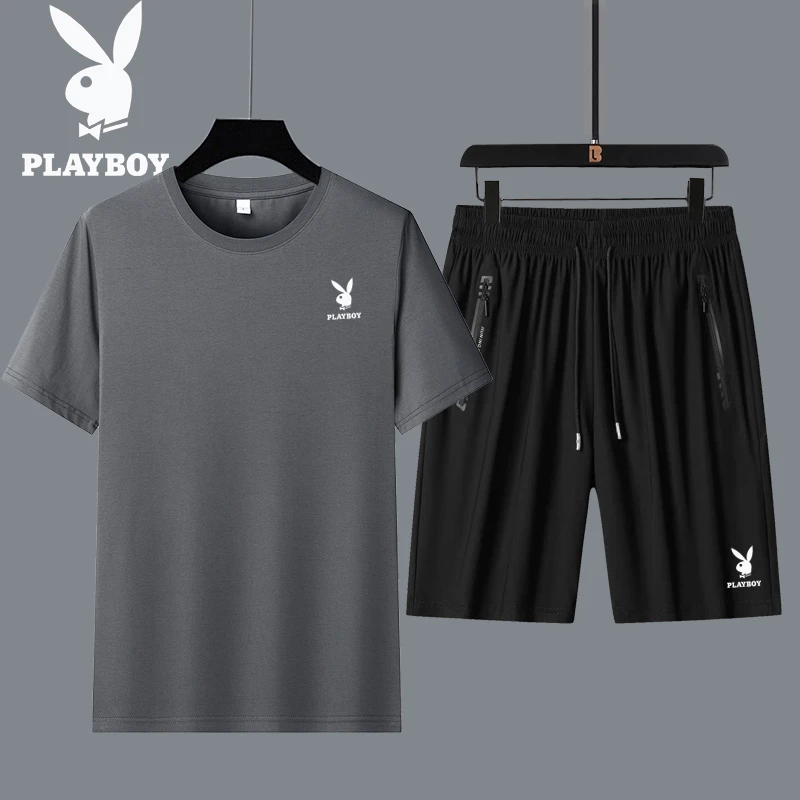 PLAYBOYESTABLISHED1953男士运动休闲透气跑步套装短袖短裤一整套