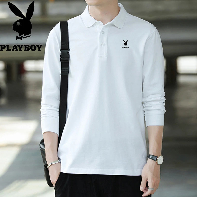 PLAYBOY男士长袖polo衫春秋季翻领高端男装带领T恤上衣打底衫纯色
