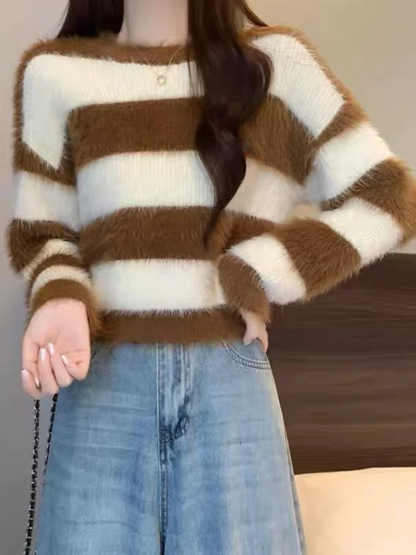 那简家【现货】冬季新款慵懒条纹水貂毛圆领上衣