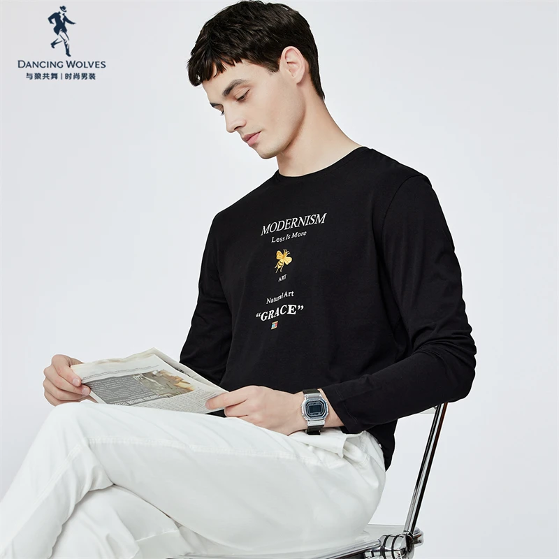 【蜜蜂刺绣】与狼共舞圆领长袖T恤男2024年秋季新款休闲百搭打底衫