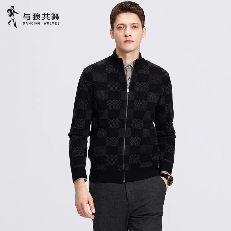 【棋盘格】与狼共舞开襟毛衫男士2024秋冬新款保暖亲肤弹力提花毛衣