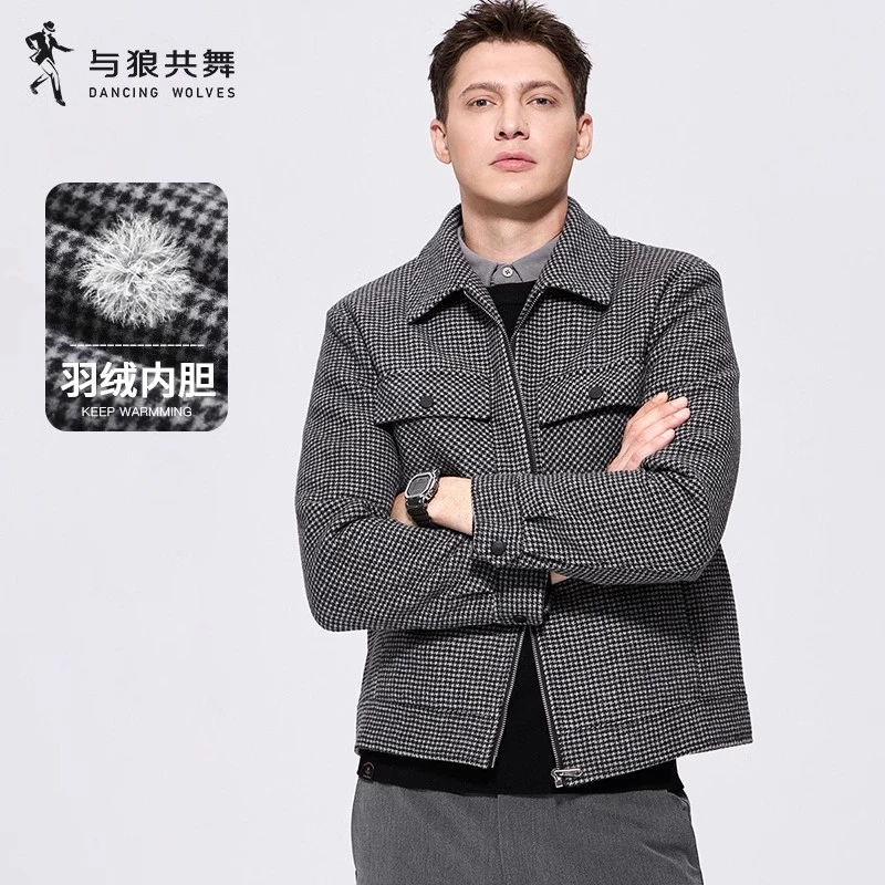 【羽绒内胆】与狼共舞羊毛呢翻领夹克男2025冬季新款千鸟格厚实外套