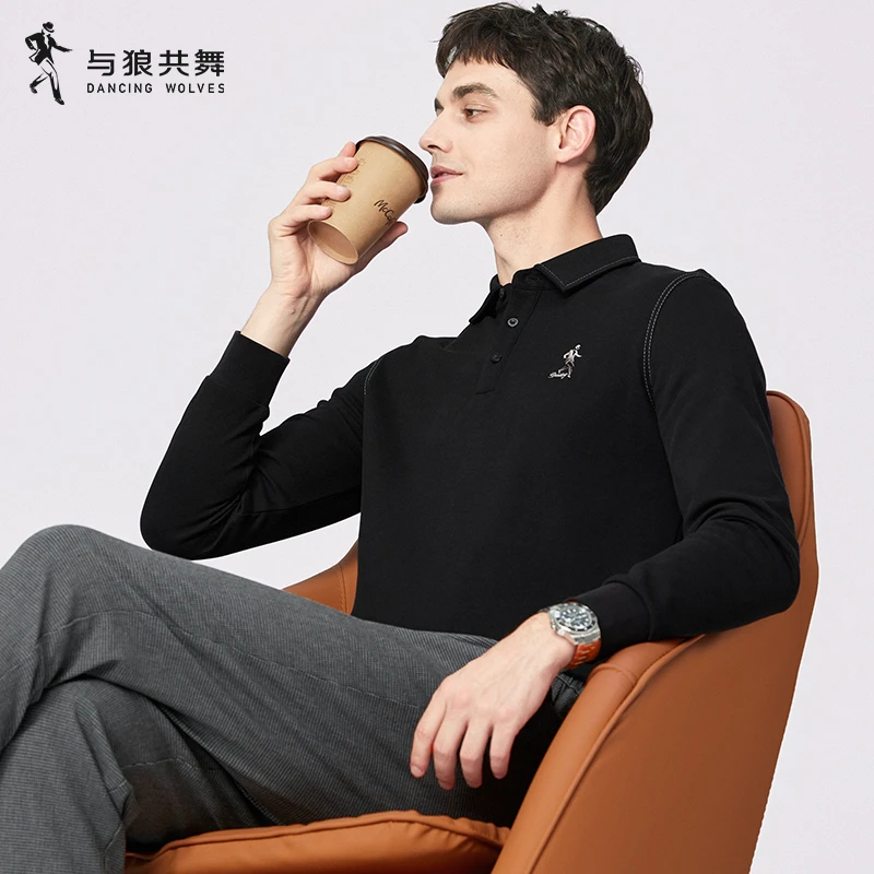 【加绒】与狼共舞抗菌长袖T恤男士2024春季新款百搭时尚保暖Polo衫