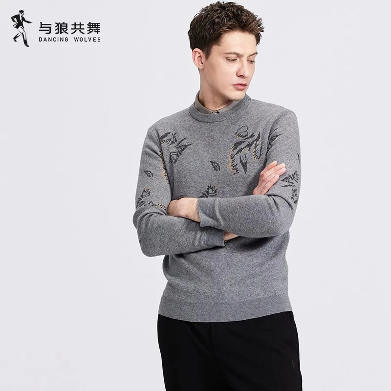 【提花】与狼共舞圆领毛衣2024冬季新款弹力时尚休闲保暖圆领毛衣男