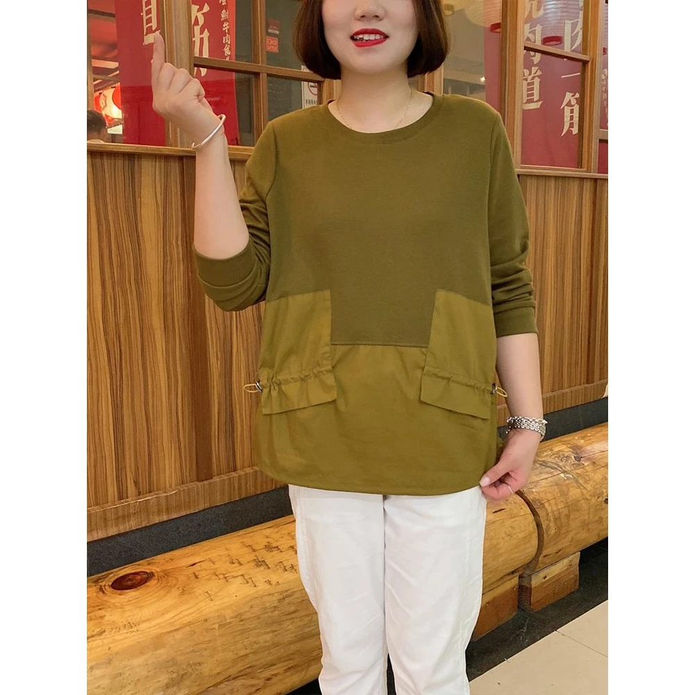 2024新款洋气时尚休闲中年妈妈抽绳上衣长袖小衫春秋款女拼接卫衣