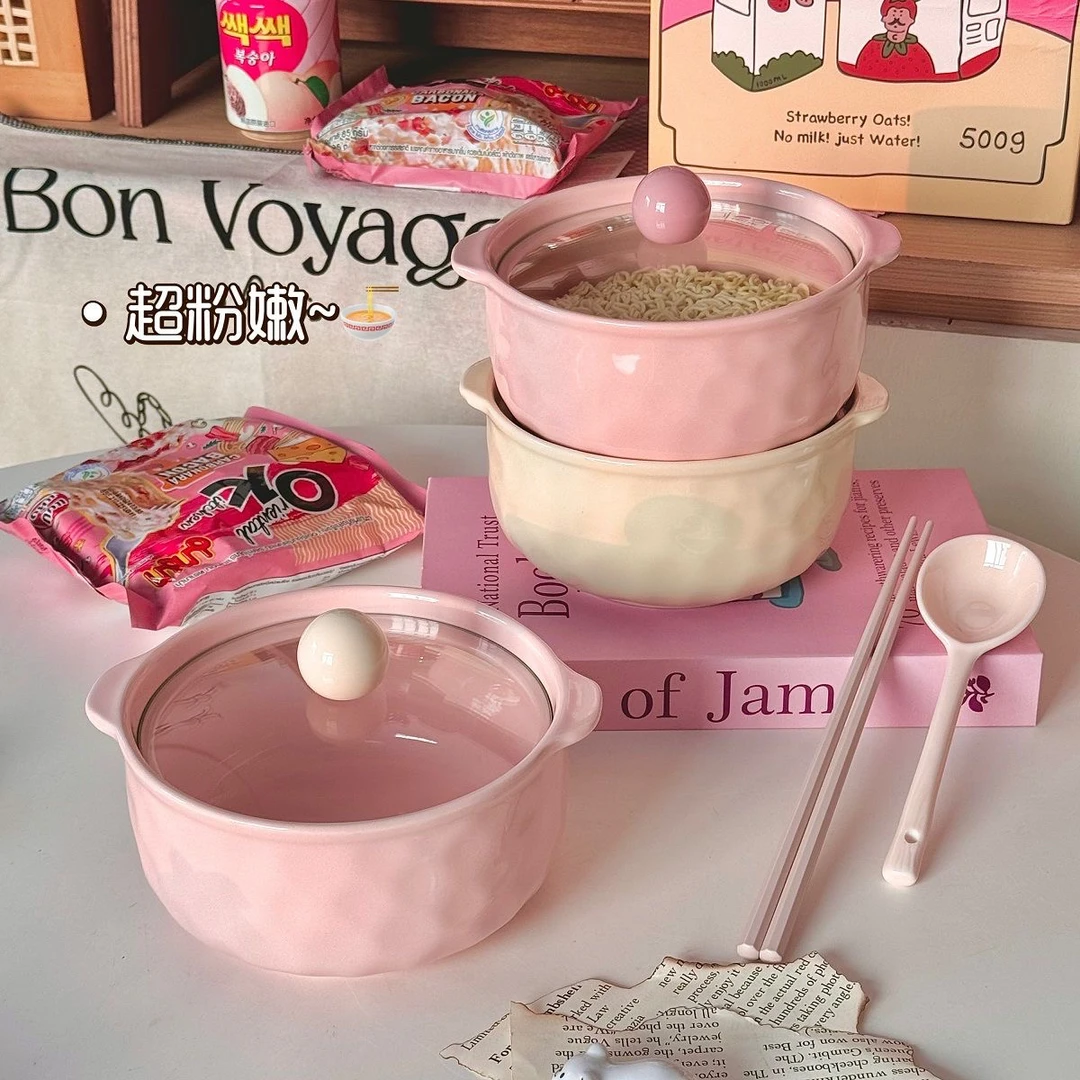 ins带盖泡面碗带勺学生宿舍方便面碗大号陶瓷汤碗微波陶瓷易清洗