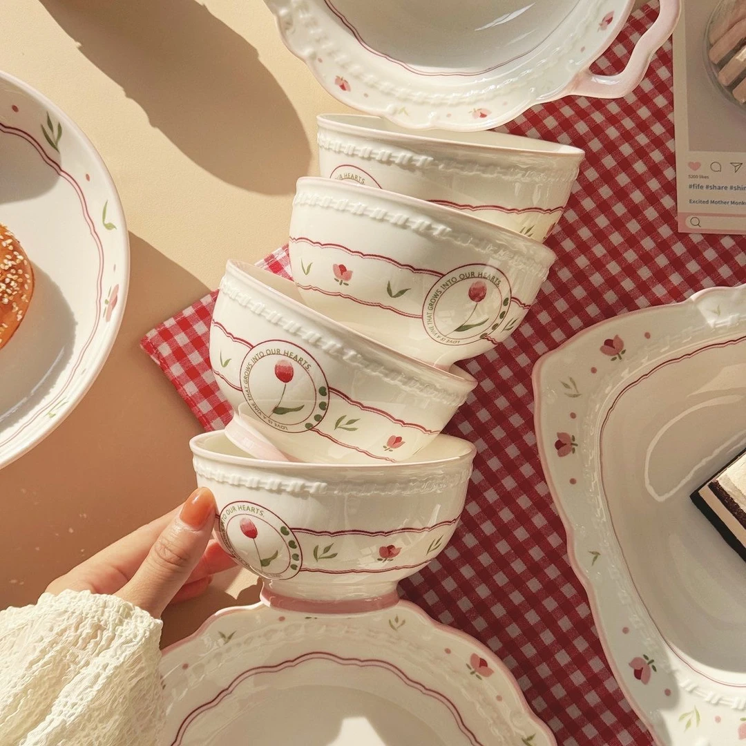 游离花园好看陶瓷餐具饭碗家用宿舍吃饭可爱少女心釉下彩米饭碗