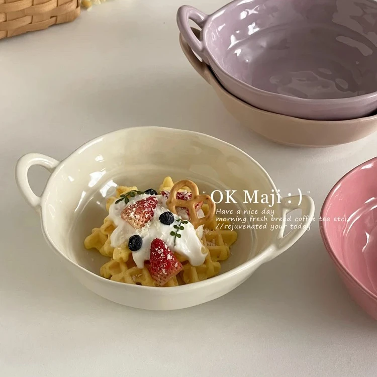 陶瓷手捏不规则创意双耳碗水果沙拉碗泡面碗家用宿舍学生情侣餐具