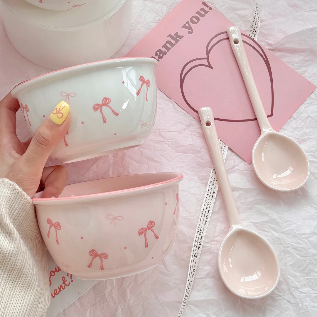 蝴蝶结【四件套】粉色陶瓷碗釉下彩ins粉嫩饭碗甜品碗可微波2碗2勺