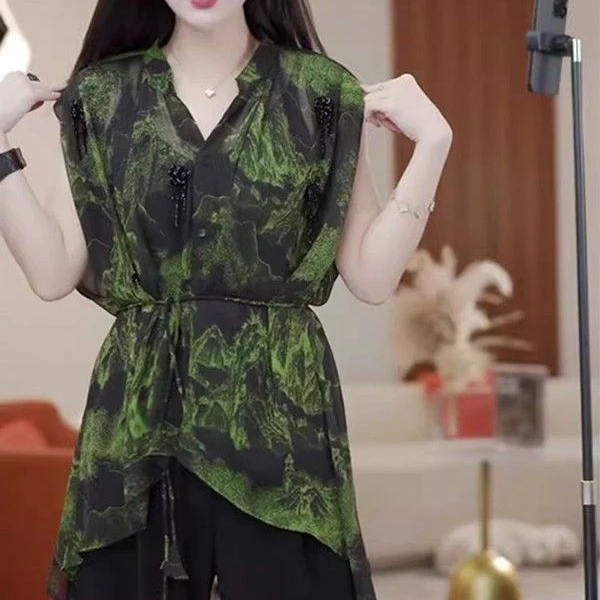 修身上衣#3395轻奢高级绿色无袖衬衫女碎花收腰气质大码流行上衣