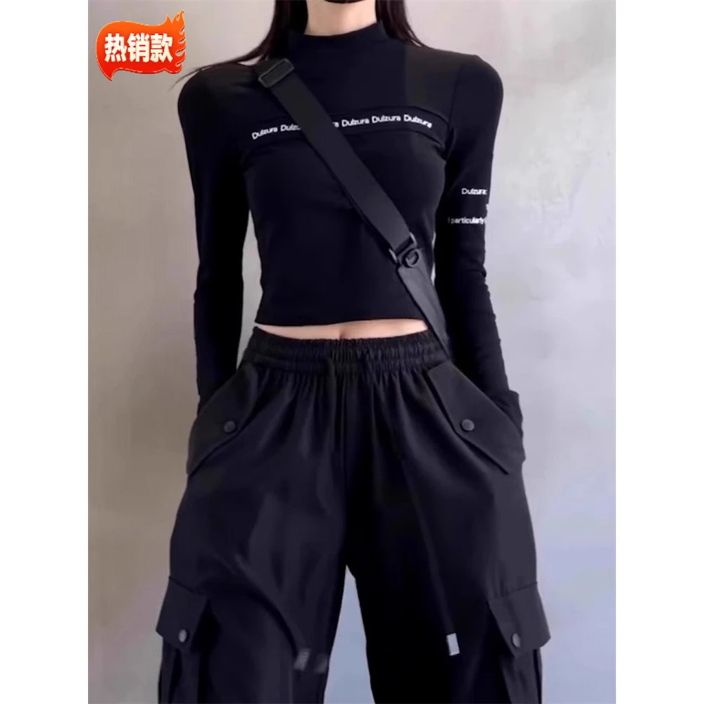 美式甜酷辣妹风t恤女2024春秋运动长袖体恤修身短款正肩立领上衣