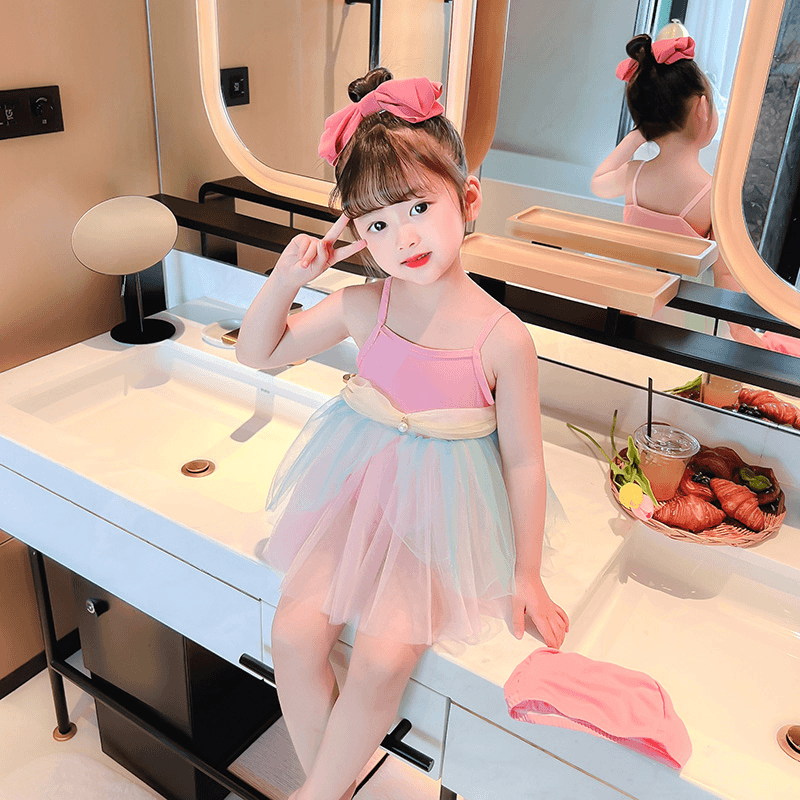 女童泳衣夏季2024新款可爱女宝宝时尚七彩连体游泳衣洋气休闲泳装