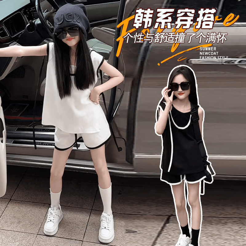韩版时尚套装女大童夏季撞色连帽无袖背心洋气跑步休闲运动三件套