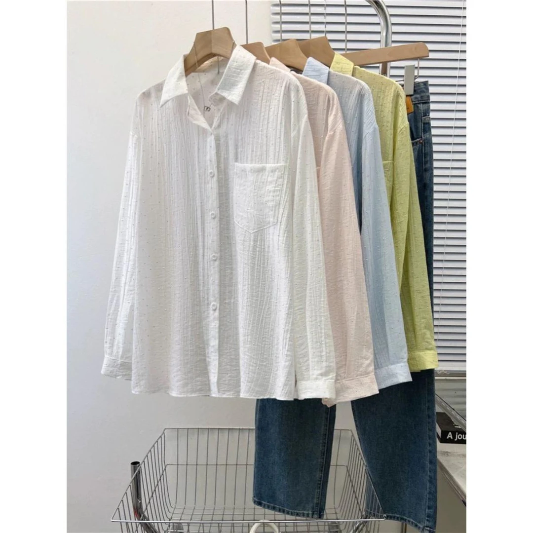 肌理感烫钻防晒衬衫女夏季新款韩系宽松洋气薄款开衫慵懒外套上衣