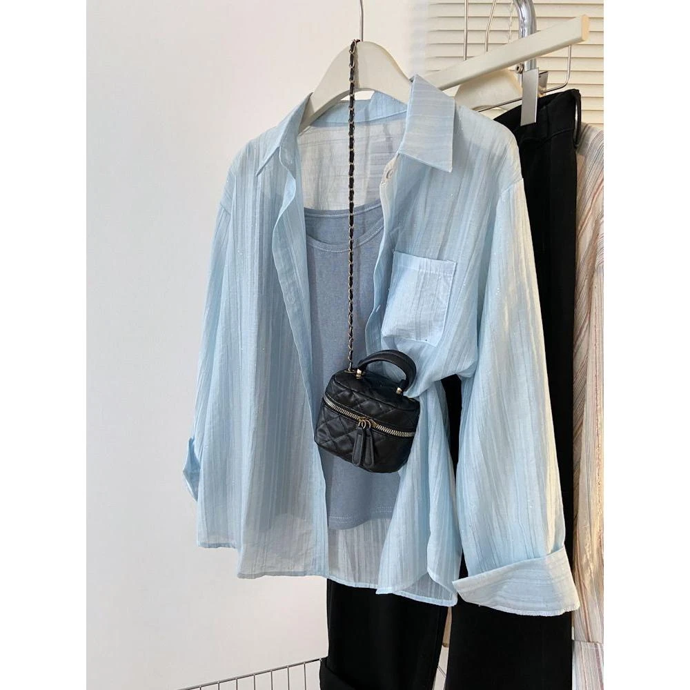 重工烫钻浅蓝色休闲防晒衬衫女长袖夏季法式宽松设计感开衫外套潮