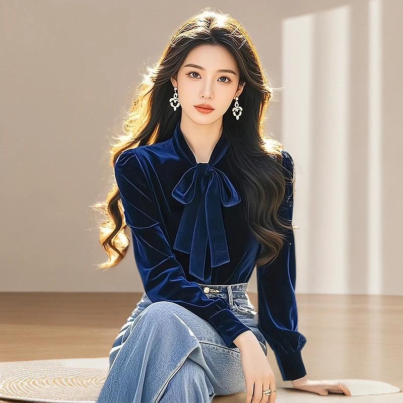 金丝绒蓝色打底衫女长袖秋冬法式小香风衬衫设计感蝴蝶结叠穿上衣