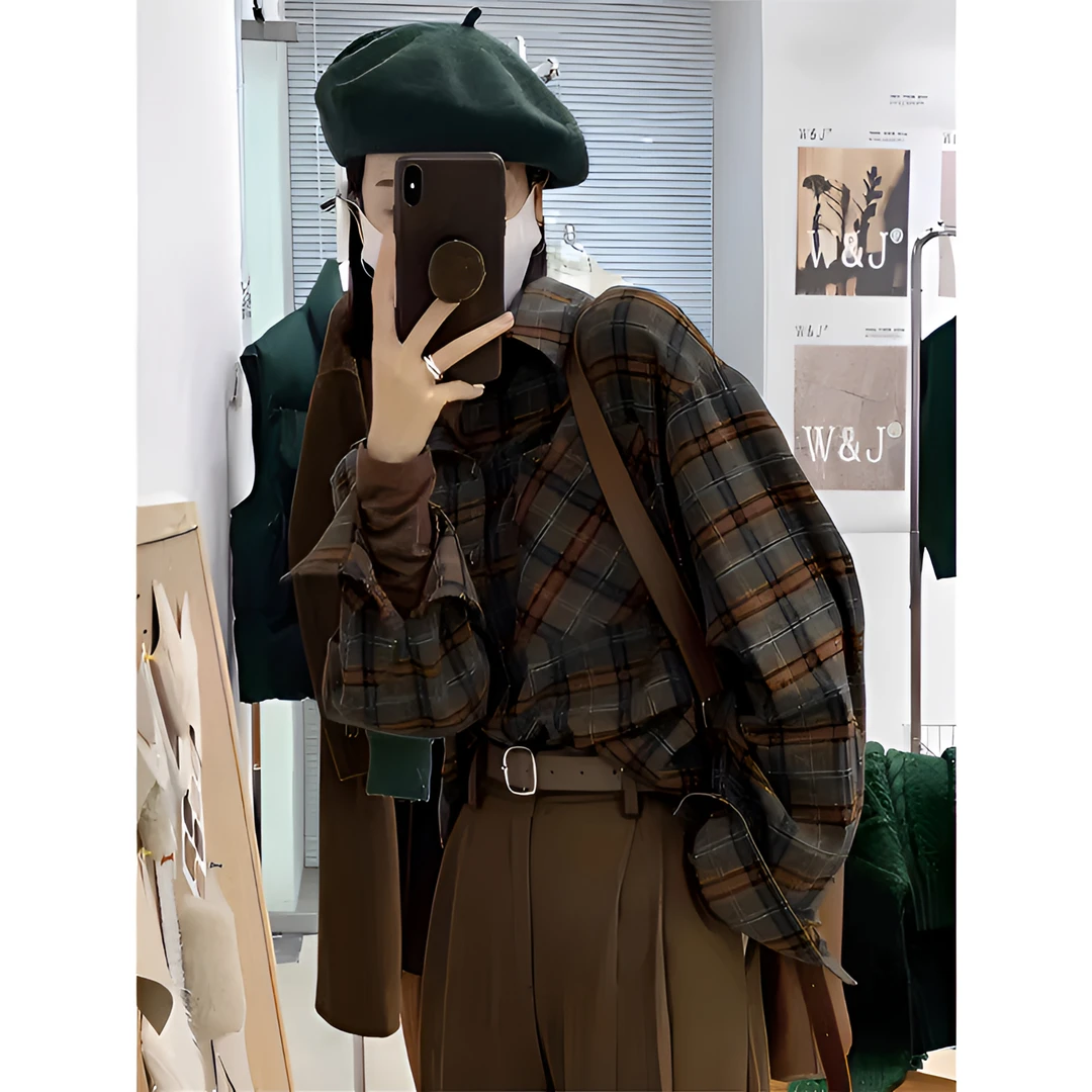 美式复古磨毛格子衬衫女秋冬小个子设计感宽松百搭叠穿长袖衬衣服