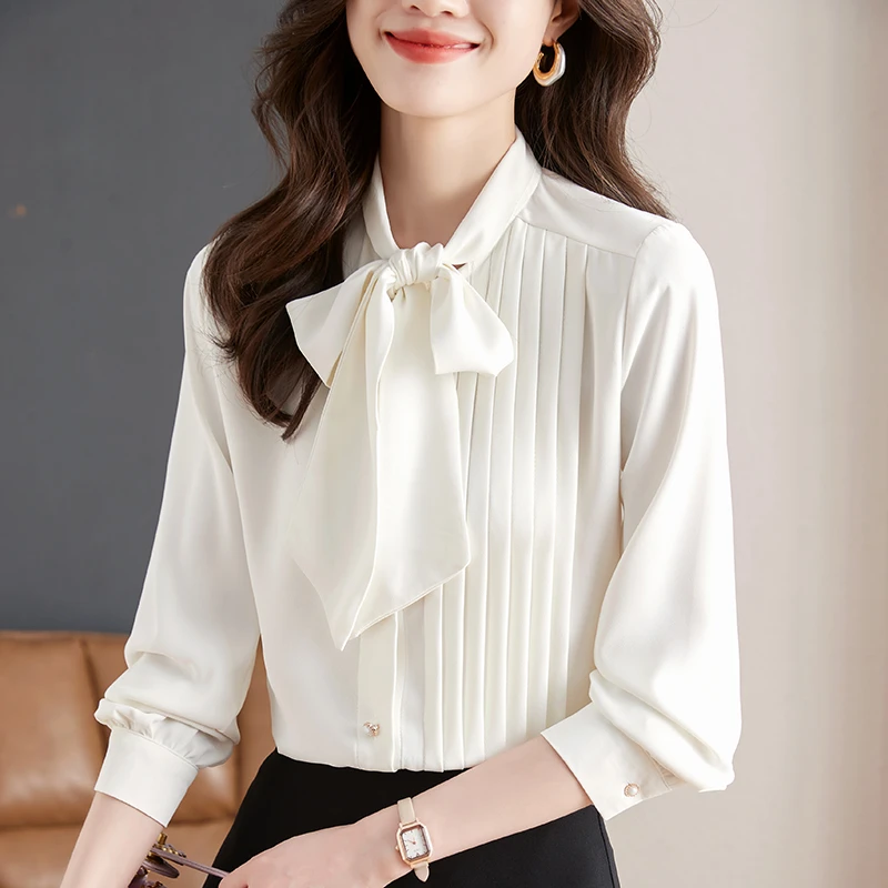 白色蝴蝶结雪纺长袖女士衬衫春秋设计感别致衬衣超仙气质飘带上衣