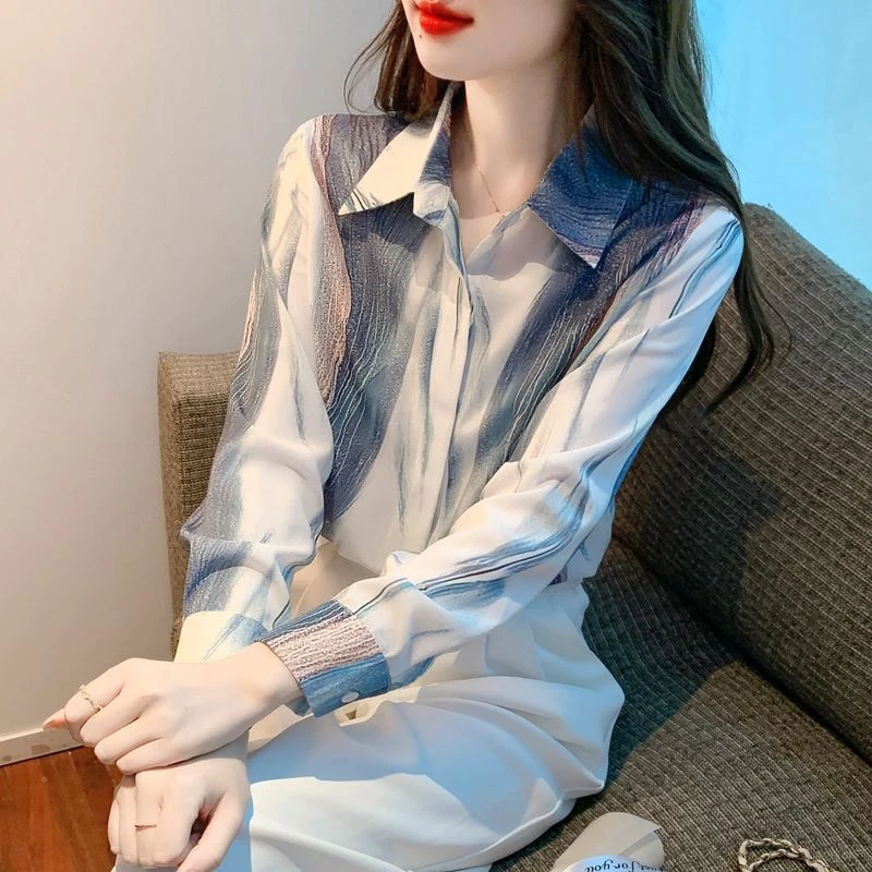 长袖衬衫女2024春秋法式扎染水墨画小众设计感休闲气质雪纺上衣服