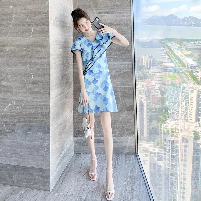 秋装法式高级感蓝色a字连衣裙夏2023新款小个子裙子