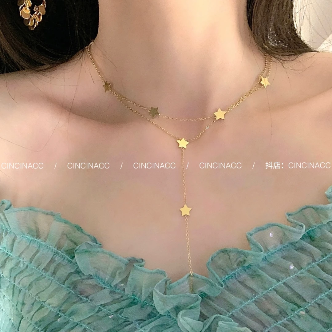 钛钢项链 小众设计感双层星星项链女时尚百搭叠戴吊坠锁骨链颈链