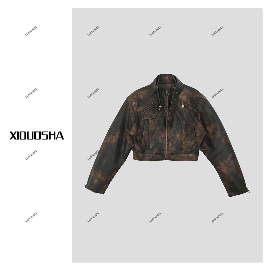 XIDUOSHA/喜朵莎欧货设计款气质立领做旧复古风机车皮外套XDS125