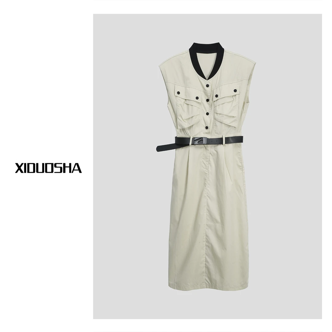 XIDUOSHA/喜朵莎欧货设计师款时尚四扣拼接撞色无袖连衣裙XDS432