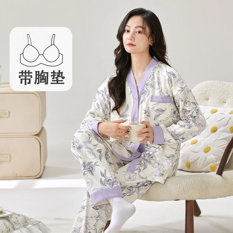 【轩希希宠粉】【带胸垫】春秋开衫和服睡衣女长袖家居服套装42027