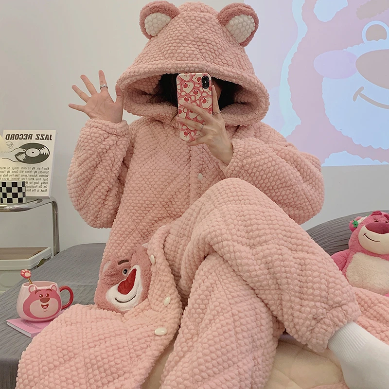 淘挚爱三层夹棉冬季卡通可爱连帽厚款睡袍保暖睡衣女家居服3002