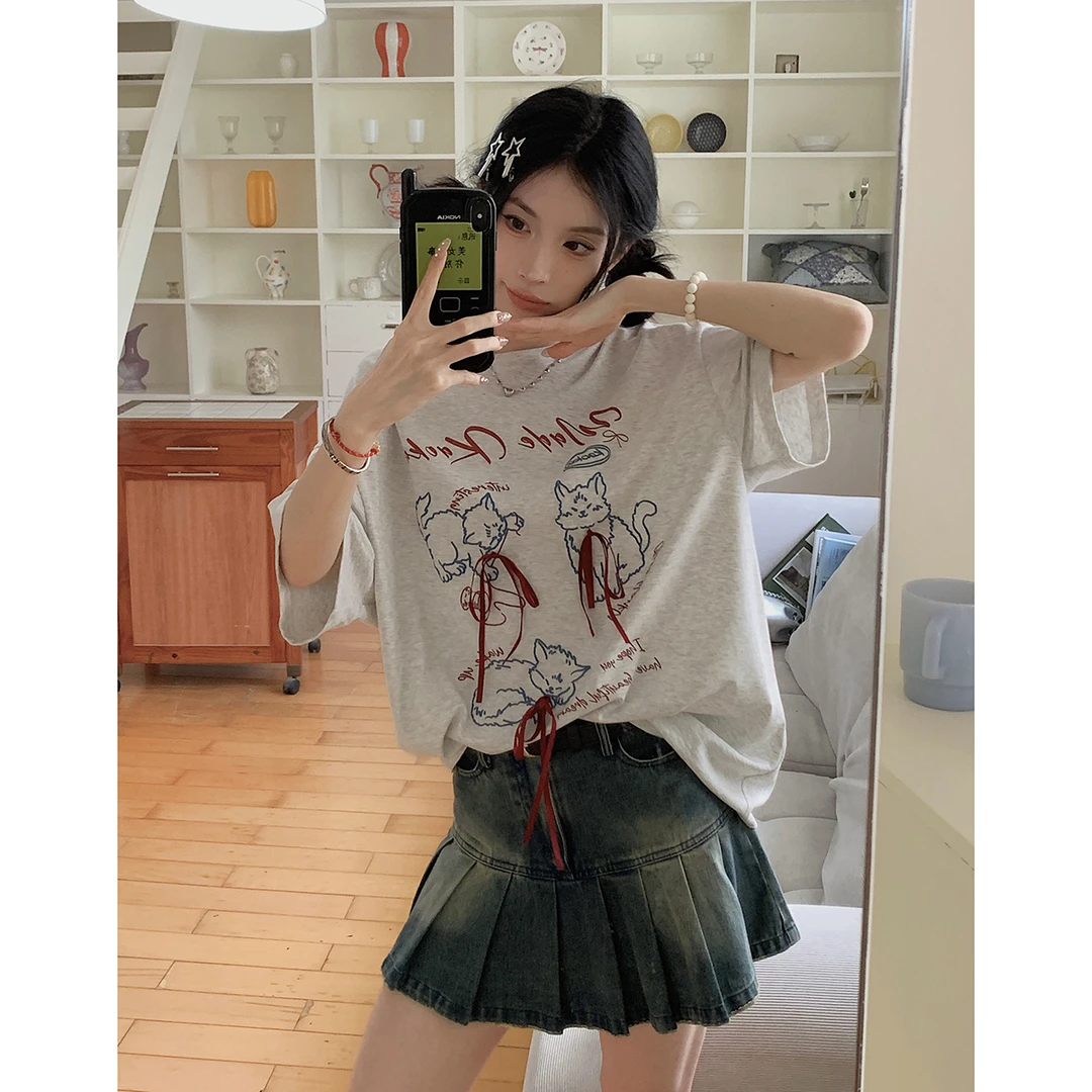 吵吵家 宽松短袖t恤女夏季猫咪印花中长款半袖上衣47178