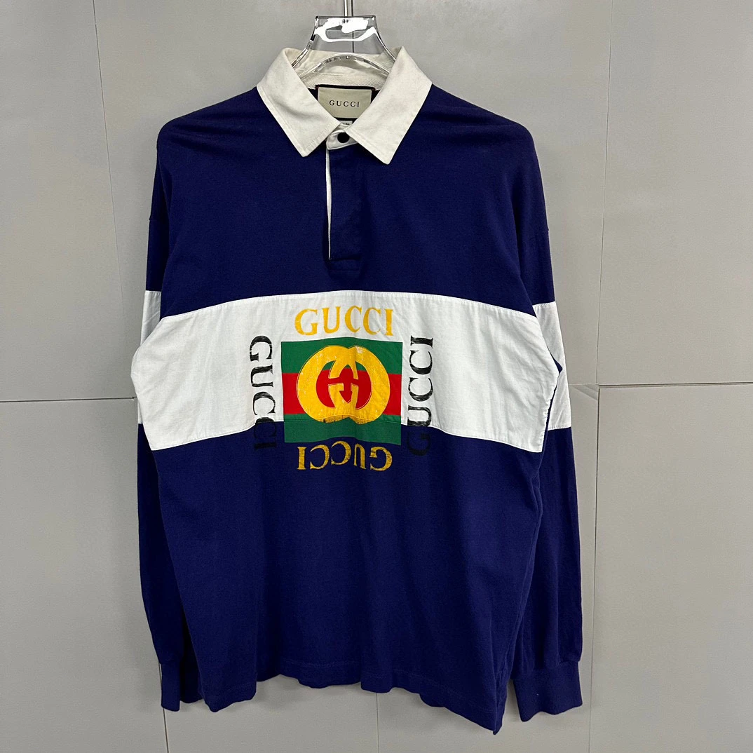 99新 GUCCI/古驰 做旧方款logo紫白拼接长袖 M码 D14786