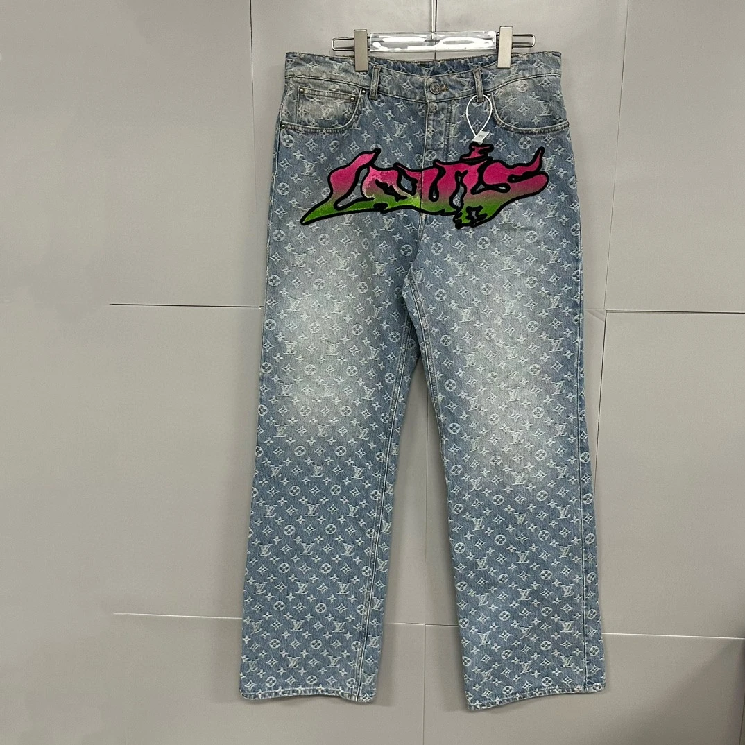 全新/Louis Vuitton LV火焰植绒满印牛仔长裤 32码 X20754