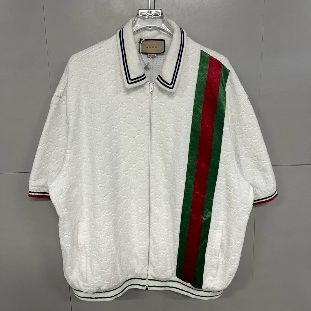 未使用 GUCCI/古驰 条纹满印毛巾拉链短袖衬衫 XXL码 D13999