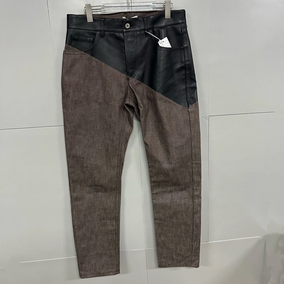 99新  BV 棕色拼接撞色皮质休闲长裤 48码 D13076