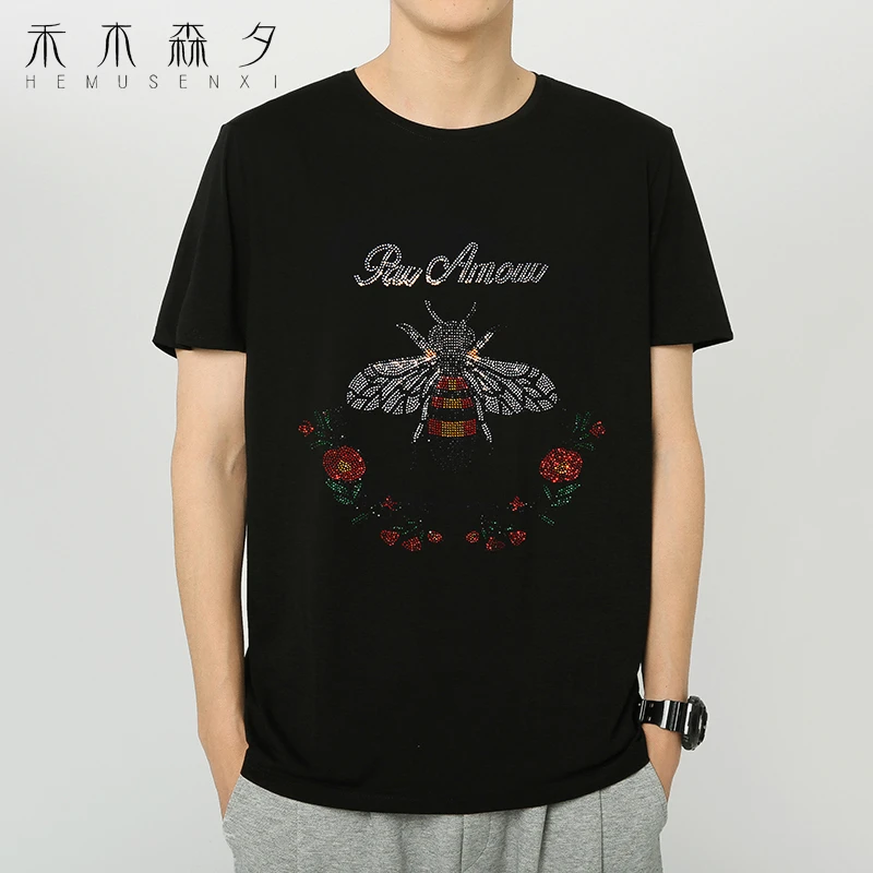 欧洲站男烫钻圆领T恤短袖夏装新款潮牌圆领丝光棉半袖体恤打底衫