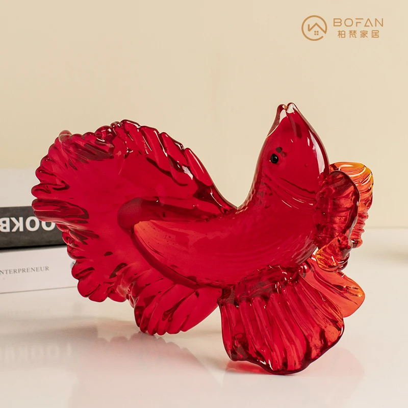 bofan/柏梵【红色斗鱼】纯手工琉璃鱼摆件 桌面玄关餐桌装饰品