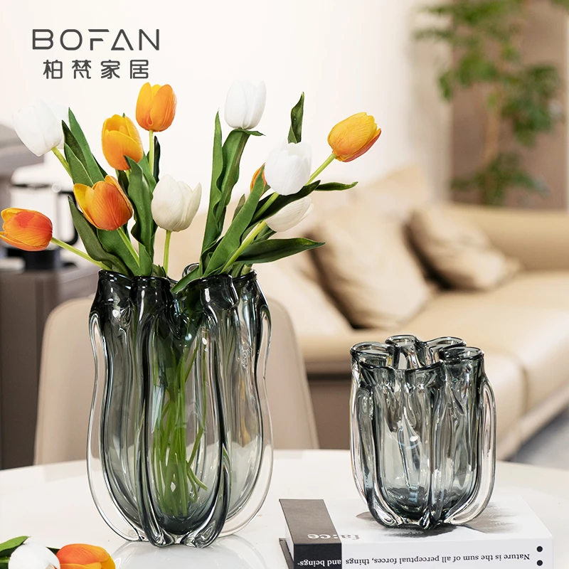 bofan/柏梵卡伊灰色简约家居装饰品客厅手工琉璃餐桌水养摆件花瓶