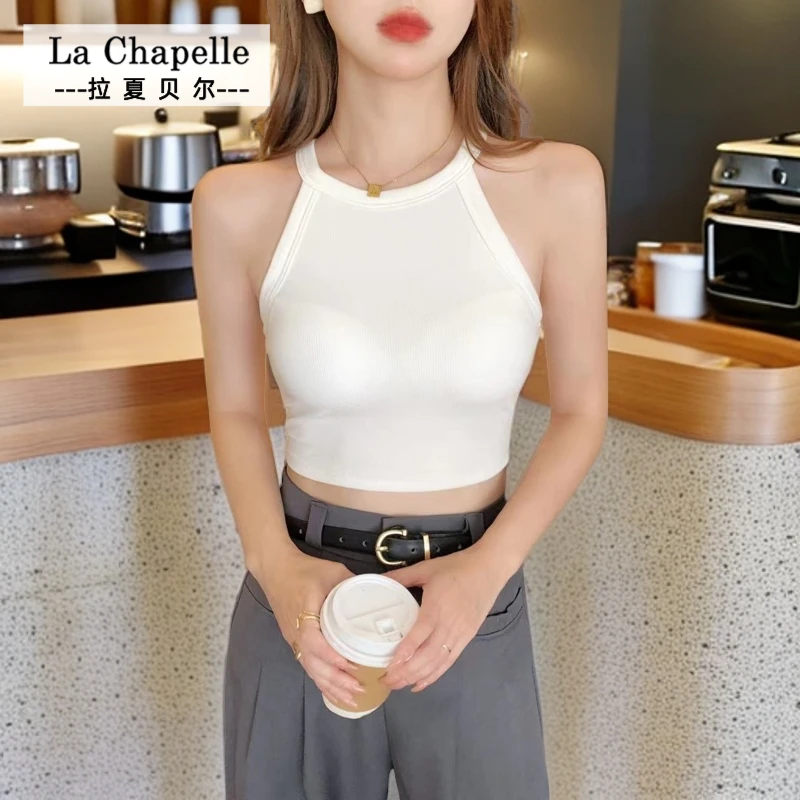 拉夏贝尔 吊带背心女外穿内搭带胸垫挂脖露脐甜辣性感百搭上衣女