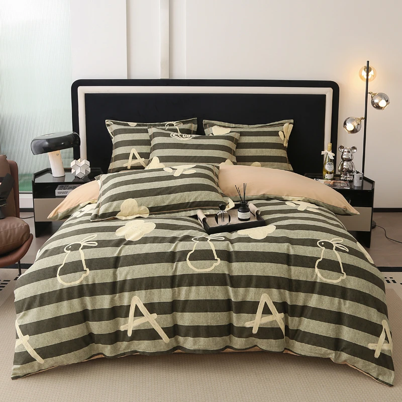 加厚斜纹棉 冬季磨毛亲肤暖绒三件套四件套 印花简约床品套件