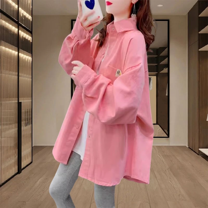 糖果色复古中长款衬衫女款2025春秋季小个子宽松百搭显瘦牛仔外套