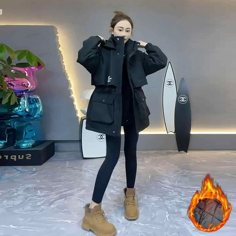 欧货加棉冲锋衣女士2025年秋冬通勤风字母刺绣加厚薄棉派克棉服潮