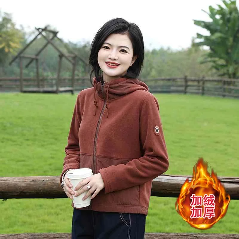 2025秋冬新款女士小个子拼色连帽摇粒绒外套短款高级感外搭上衣潮