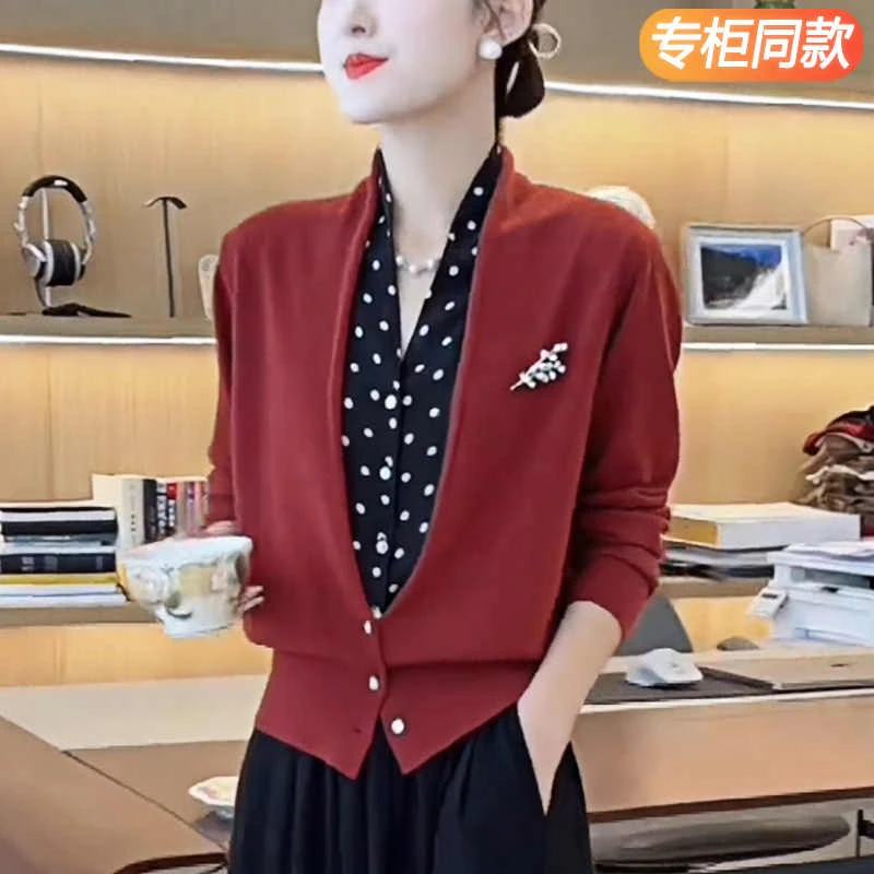 入秋高级感穿搭女装减龄针织开衫拼接波点衬衫长袖假两件打底上衣